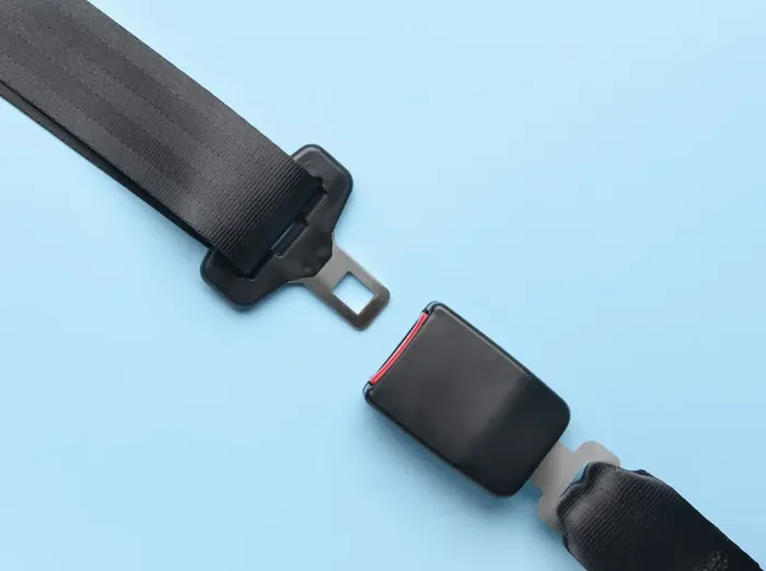 Seat belt webbing, latch plate and buckle shown separately against a plain background.